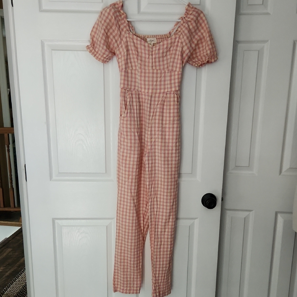 Jessica Simpson Pink And Lilac Gingham Jumpsuit